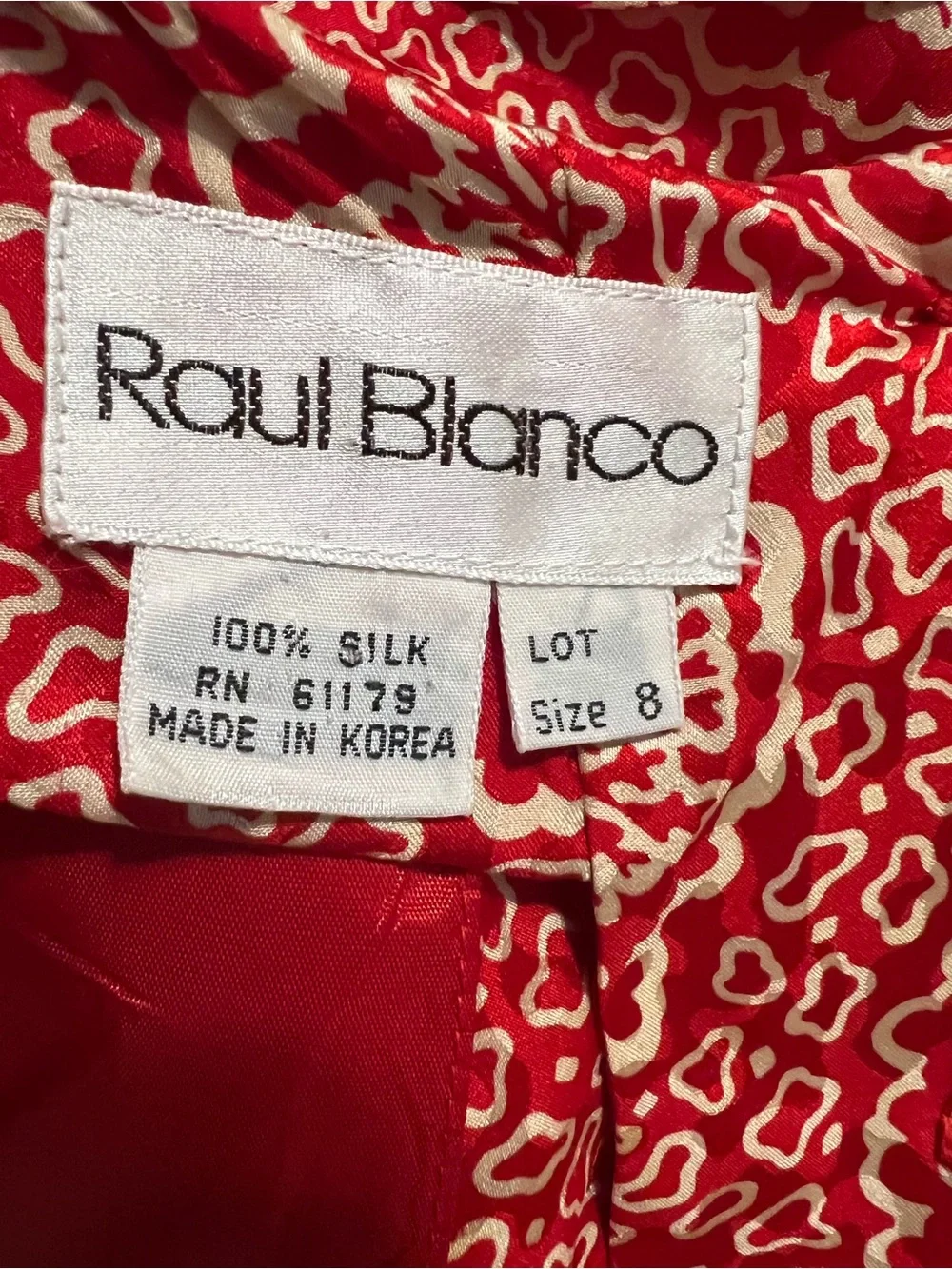 Vintage Raul Blanco Silk Dress Red Cream Print Size 8 Pleated Bodice Long Sleeve